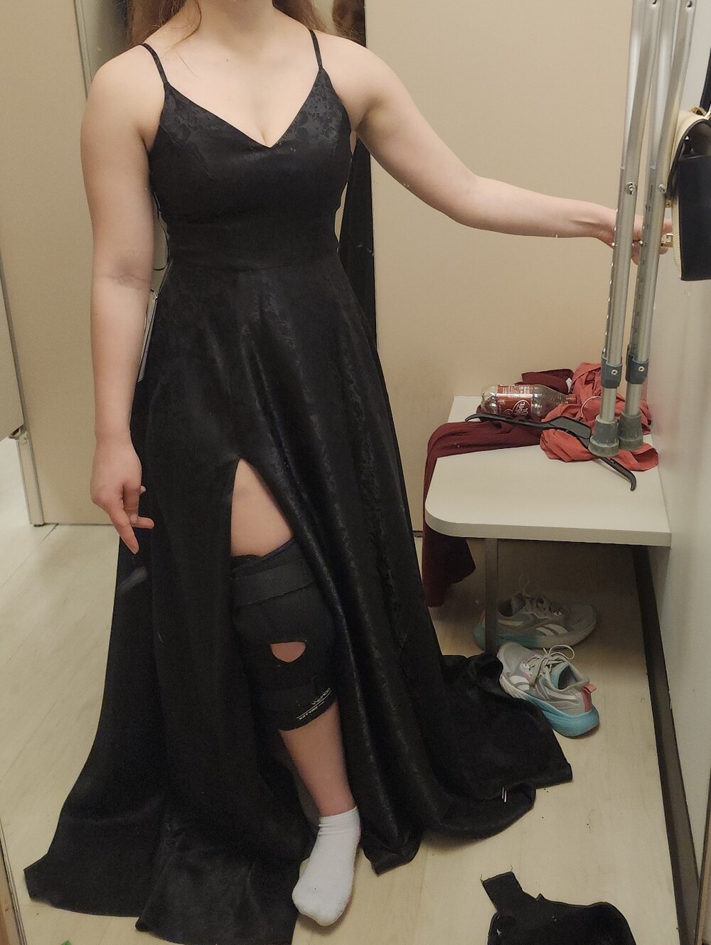B Darlin Black Satin V-Neck Prom Dress with High Slit